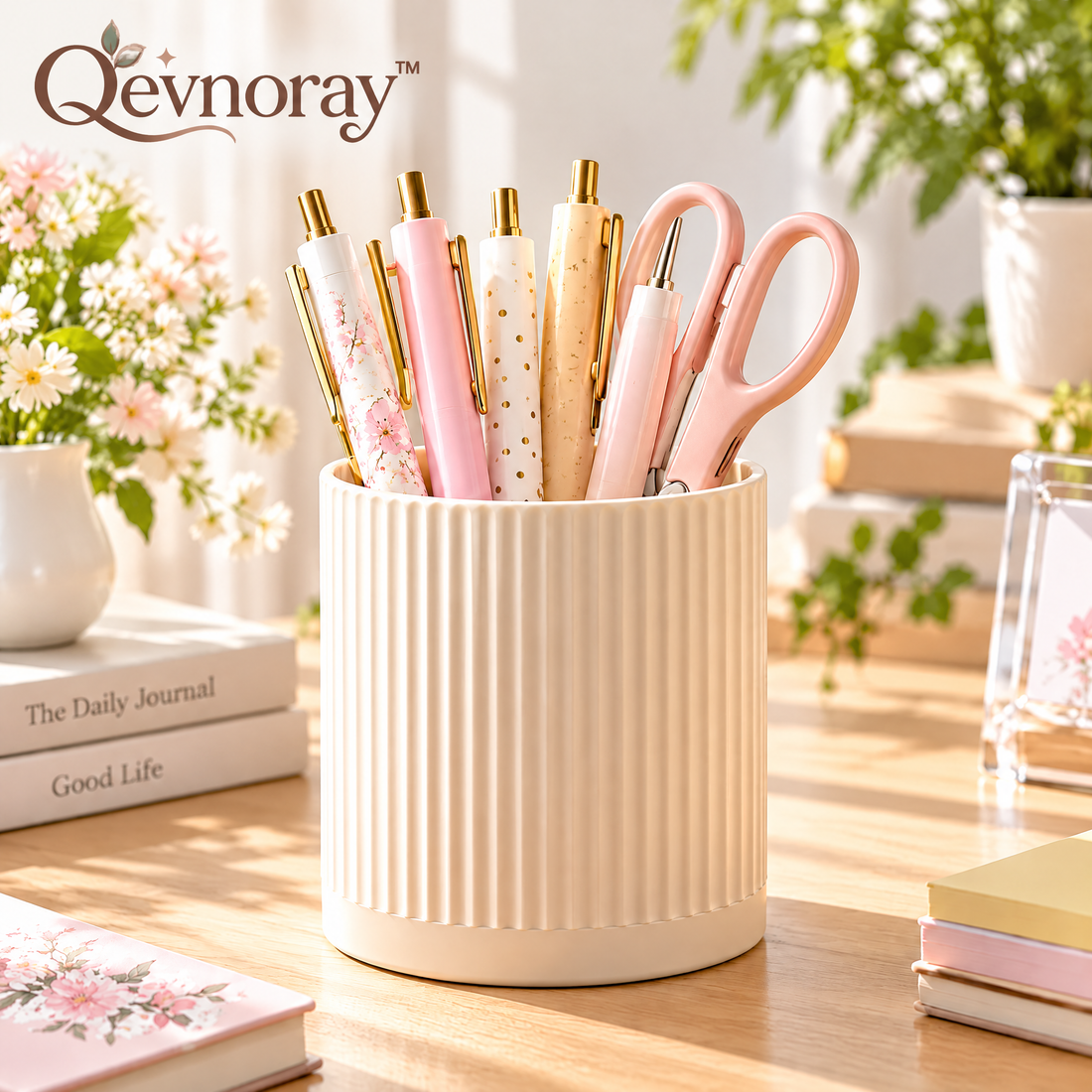 Qevnoray™ Minimalist Ribbed Ceramic Pen Holder