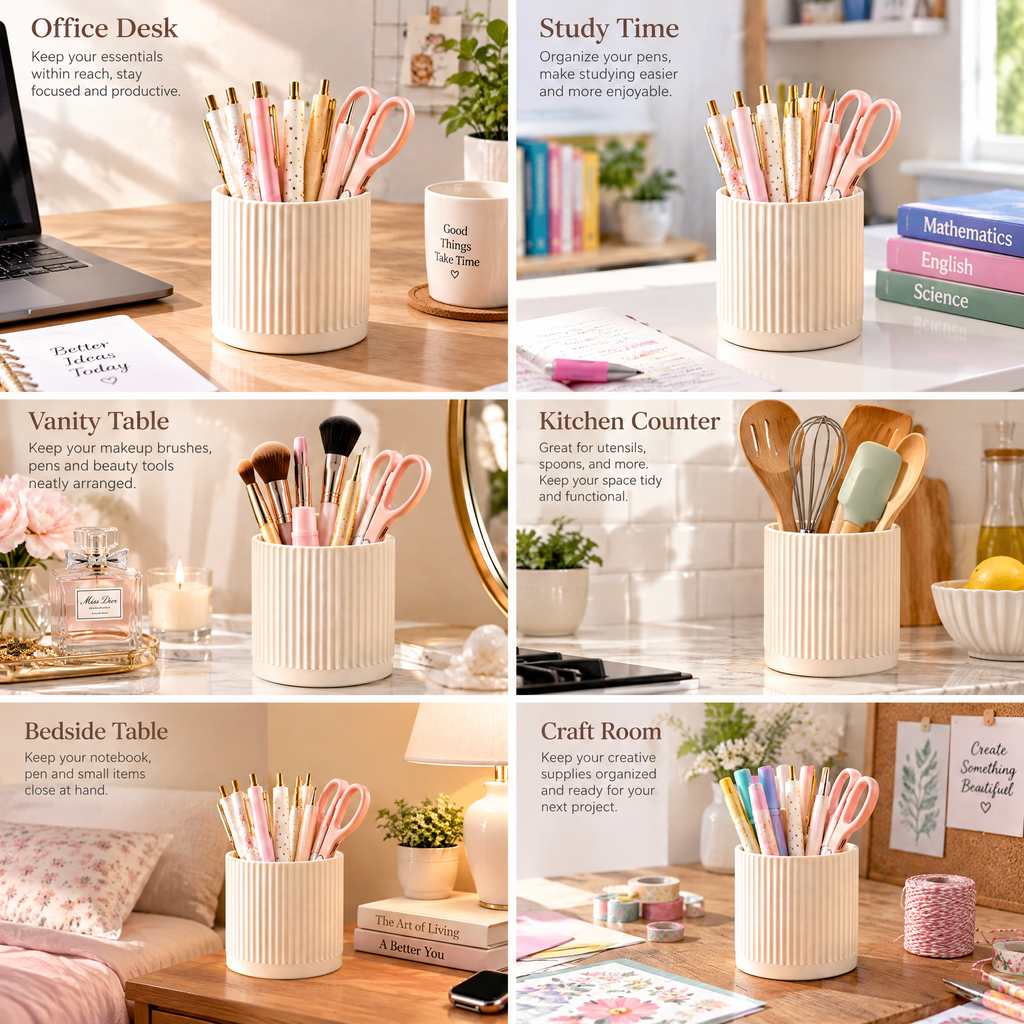 Qevnoray™ Minimalist Ribbed Ceramic Pen Holder