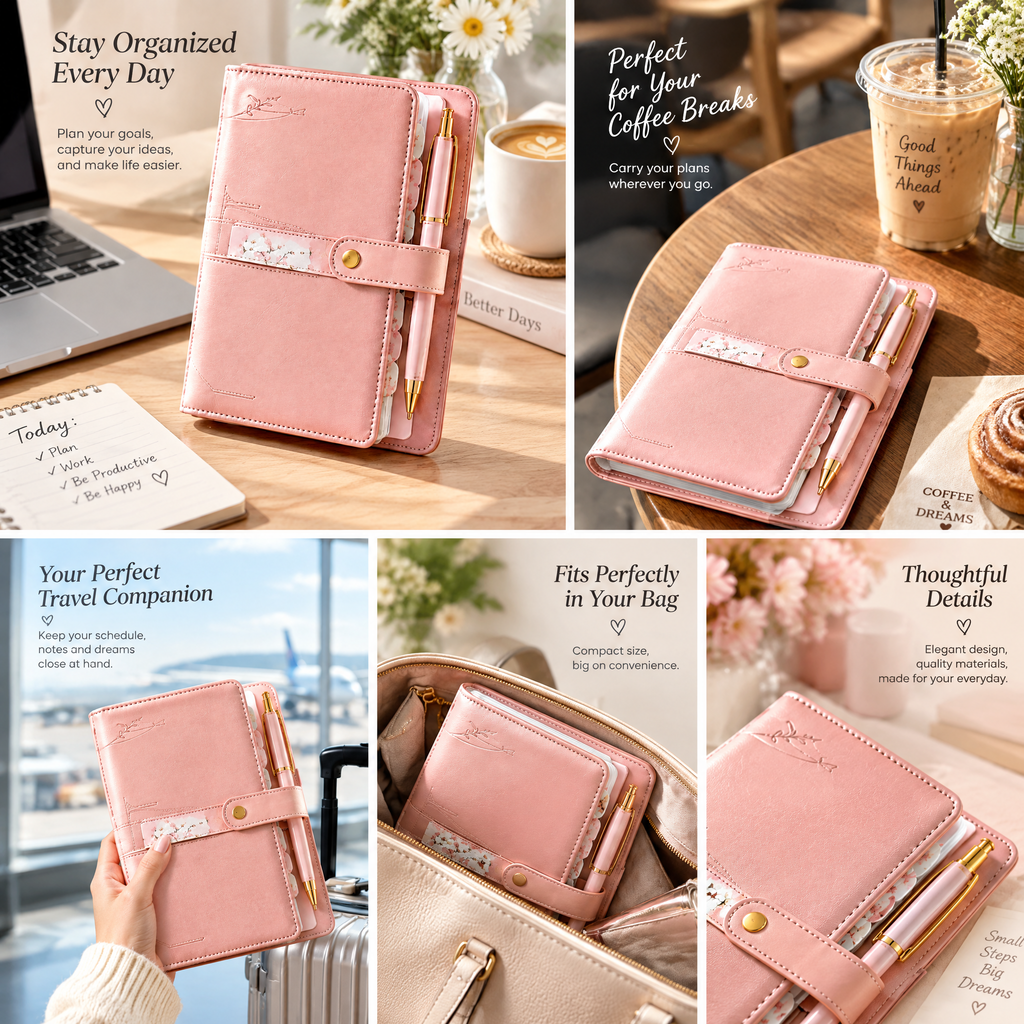 Qevnoray™ Blush Pink Snap-Close Planner Organizer